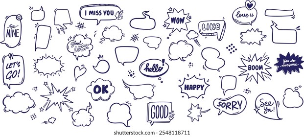 Retro hand drawn empty comic speech bubble, cloud text message box or sticker set with black halftone shadow in pop art cartoon style.