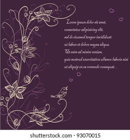 retro  hand drawn floral background with bird and hearts and the text "Lorem ipsum"