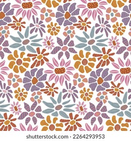 Retro hand drawn flower seamless pattern. 60s -70s style . Amazing groovy flower background. Template for fashion prints
