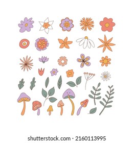Retro hand drawn flowers. Cute doodles. Vintage stickers. Cartoon 70s-80s style. Trendy modern vector illustration for poster, postcard or background.