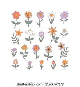 Retro hand drawn flowers. Cute doodles. Vintage stickers. Cartoon 70s-80s style. Trendy modern vector illustration for poster, postcard or background.