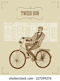 Retro hand drawn gentleman with moustaches in tweed costume on a bicycle.Illustration introducing tweed ride poster.