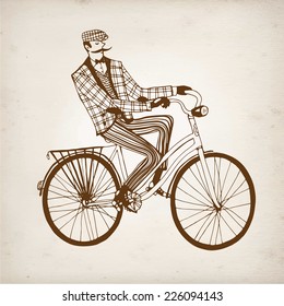 Retro hand drawn gentleman with mustaches in tweed costume on a bicycle.Illustration on paper background.