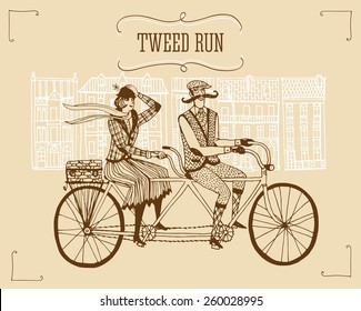 Retro hand drawn gentleman with mustaches and lady in tweed costumes on a tandem bicycle riding in old town.Illustration for tweed ride.