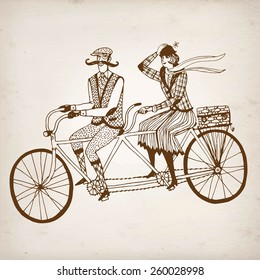 Retro hand drawn gentleman with mustaches and lady in tweed costumes on a tandem bicycle.Illustration on paper background.