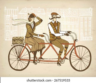 Retro hand drawn gentleman with mustaches and lady in tweed costumes on a tandem bicycle riding in old town. Old paper background. Illustration for tweed ride.