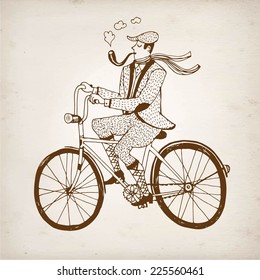 Retro hand drawn gentleman with smoking pipe in tweed costume on a bicycle.Illustration on paper background.