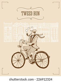 Retro hand drawn gentleman with smoking pipe in tweed costume on a bicycle.Illustration introducing tweed ride poster.