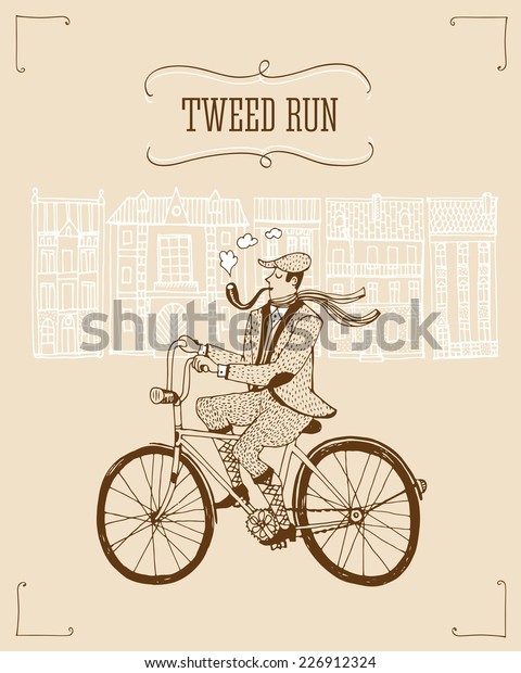 Retro\
hand drawn gentleman with smoking pipe in tweed costume on a\
bicycle.Illustration introducing tweed ride\
poster.