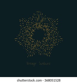 Retro hand drawn gold sunburst. Sun ray frame in vintage hipster style. Badge and burst, radial. Vector illustration