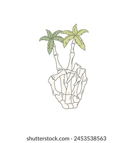 Retro hand drawn human skeleton hand showing peace or victory gesture with palm trees on fingers vector illustration isolated on white. Groovy line art drawing style October 31st holiday party trick