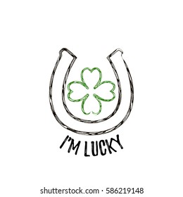 Retro hand drawn illustration of isolated horseshoe and lucky clover silhouette. St. Patrick's day poster or greeting card template.