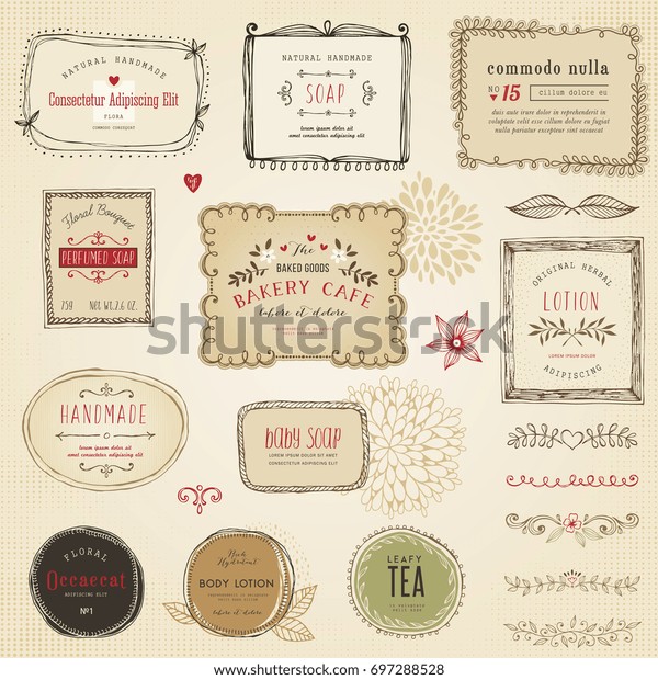 Retro hand drawn labels, frames, flowers\
and floral dividers. Good for package design, promo signs and logo\
design.Vector\
illustration.