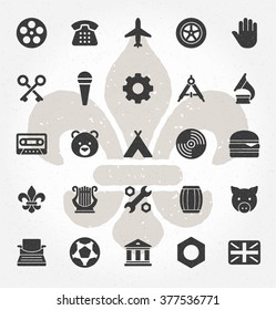 Retro Hand Drawn Logos Design Elements. Logos Icons, Logos Symbols, Vector Elements, Logo Objects, Signs and Symbols Vintage Logotypes, Business signs, Labels, Badges. Gear, Photo Camera, Bear, Ball.