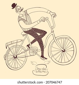 Retro hand drawn man on a bicycle.