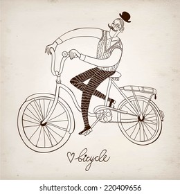 Retro hand drawn man on a bicycle on paper background.