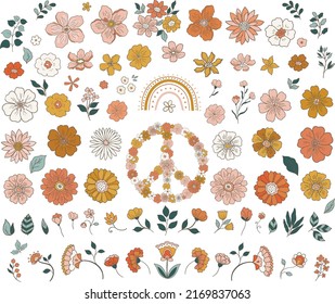 Retro hand drawn outline flowers clipart, vintage groovy 70s illustration composition isolated on white background