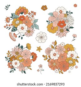 Retro hand drawn outline flowers clipart, vintage groovy 70s illustration composition isolated on white background