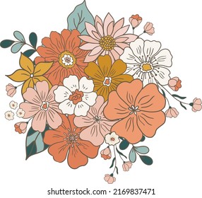 Retro hand drawn outline flowers clipart, vintage groovy 70s illustration composition isolated on white background