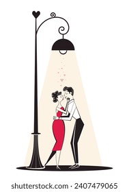 Retro hand drawn people characters, flirting couple under the lantern light. Valentine's Day characters in style of 60's-70's. 