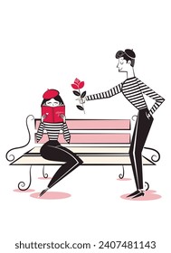 Retro hand drawn people characters, flirting mime couple. Valentine's Day characters in style of 60's-70's. 