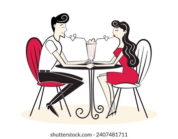 Retro hand drawn people characters, flirting mime couple in cafe drinking milkshake. Valentine's Day characters in style of 60's-70's. 