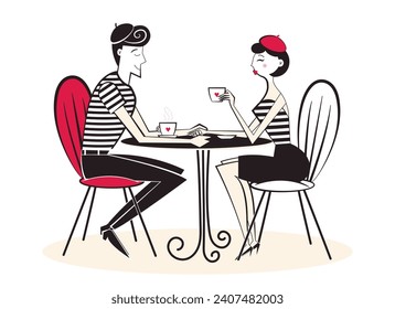 Retro hand drawn people characters, flirting mime couple in cafe drinking coffee. Valentine's Day characters in style of 60's-70's. 