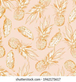 Retro hand drawn pineapple and  summer foliage with vintage texture seamless pattern vector EPS10,Design for fashion , fabric, textile, wallpaper, cover, web , wrapping and all prints on vintage pink