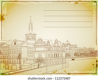 Retro hand drawn post card with Prague