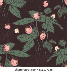 Retro hand drawn print  of fragaria on dark background. Vector seamless pattern for fabric