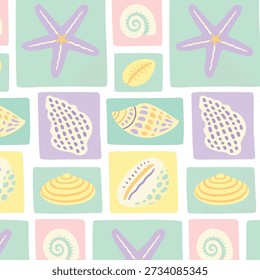 Padrão sem emenda de mosaico de concha desenhada à mão retro. Ilustração de fundo de verão tropical. Impressão natural marinha vintage. Estilo patchwork shell animal textura de papel de parede.
