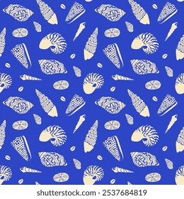 Retro handgezeichnete Muschel nahtloses Muster. Tropische Sommer-Hintergrund-Illustration. Vintage Marine Nature Print. Shell Tier Tapete Textur.