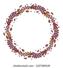 Retro hand drawn set with autumn leaf in round wreath for concept design.Vector botanical drawing. Autumn composition.