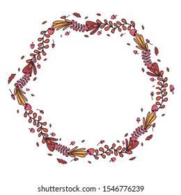 Retro hand drawn set with autumn leaf and musgrooms in hexagon wreath for concept design.Vector botanical drawing. Autumn composition.