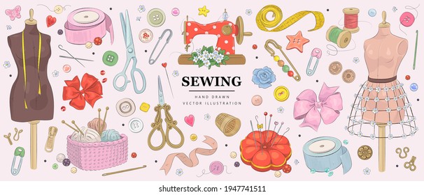 Retro hand drawn sewing set, vector. Collection of highly detailed hand drawn sewing tools isolated on background