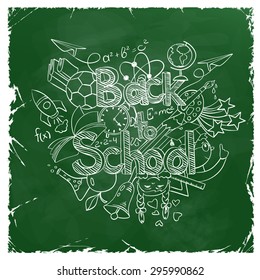 Retro hand drawn sketch Back to School background. Abstract funny school scribbles on a green chalkboard.
