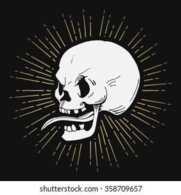 Retro hand drawn skull illustration with sunburst, vector