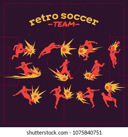 Retro hand drawn soccer players playing with ball on textured football field stadium