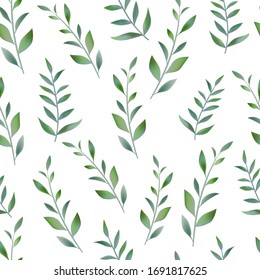 Retro hand drawn spring elements of green leaves vector seamless white background, 