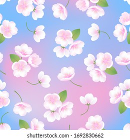 Retro hand drawn spring realistic pink cherry blossom vector illustration seamless background under pink blue sky, summer decoration, natural plants, wallpaper, packaging