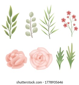 Ramas de flores de primavera y verano dibujadas a mano retro y hojas combinadas ilustración vectorial, flores florecientes, elementos de boda invitación, decoración de vacaciones.