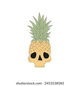 Retro hand drawn summer Halloween sweets and treats creepy pineapple in the form of human skull vector illustration isolated on white. Groovy line art drawing style October 31st party trick or treat