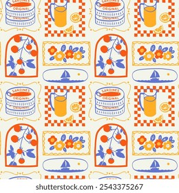 Retro hand drawn summer seamless pattern. Traditional patchwork style background illustration. Vintage mediterranean vacation textile print, fine art texture with tomato, sea, flower.