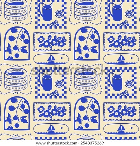Retro hand drawn summer seamless pattern. Traditional patchwork style background illustration. Vintage mediterranean vacation textile print, fine art texture with tomato, sea, flower.