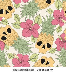 Retro hand drawn summer sweets and treats creepy pineapple in the form of human skull with hibiscus flower vector seamless pattern. Groovy line art drawing style October 31st party trick or treat