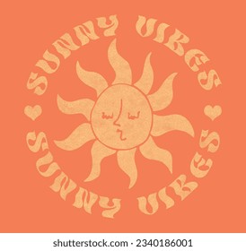 Retro Hand Drawn Sun Print with Slogan''SUNNY VIBES''T-shirt Print Design , Vector