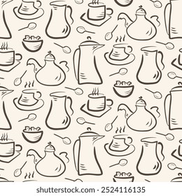 Retro hand drawn teapot, coffee pot and cups seamless vector pattern background. Neutral outline breakfast crockery beige ecru backdrop. Cozy kitchen icons for cafe, bistro. All over repeat.