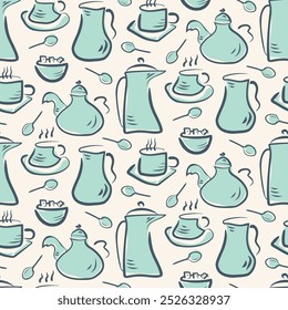 Retro hand drawn teapot, coffee pot and cups seamless vector pattern background. Blue white outline breakfast crockery backdrop. Cozy kitchen icons for cafe, bistro. All over repeat for cafe, bistro