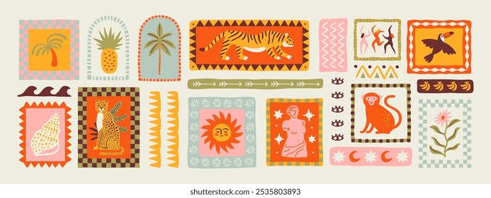 Retro hand drawn tropical summer shape set. Jungle nature illustration collection. Vintage exotic clip art of palm tree, tiger and flower. Geometric mosaic style element bundle.