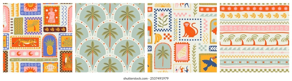 Retro hand drawn tropical summer seamless pattern set. Traditional patchwork style background illustration. Vintage exotic nature textile print collection. Jungle animal texture with tiger, palm tree.